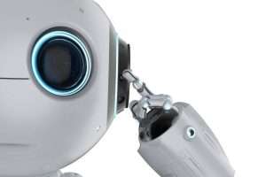 3d rendering cute artificial intelligence robot think or analysis